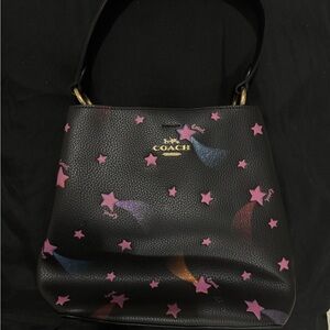 Coach Black Leather Shoulder Bag with Pink Star Print